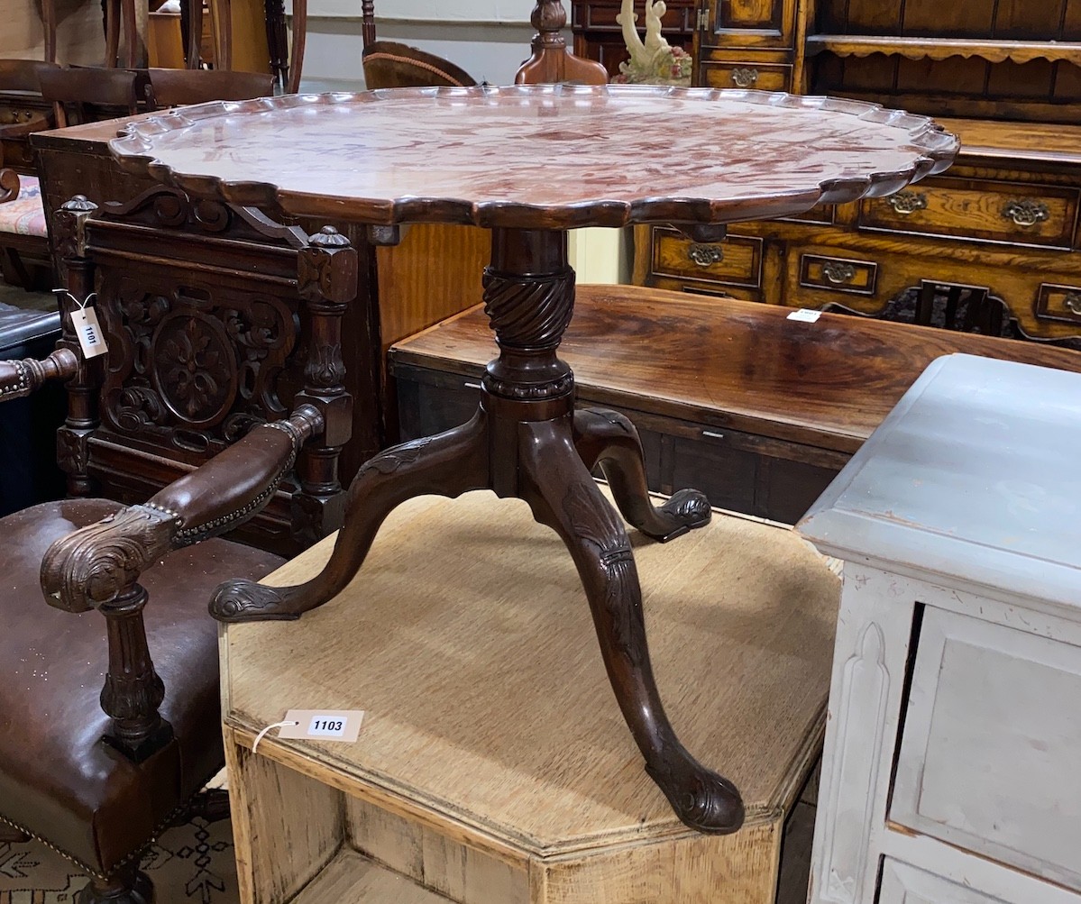 A George III and later circular piecrust occasional table, cut-down, diameter 70cm, height 50cm together with a nest of three Edwardian mahogany tea tables